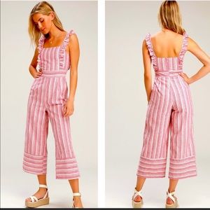 HYFVE White and Red Striped Ruffle Jumpsuit Romper